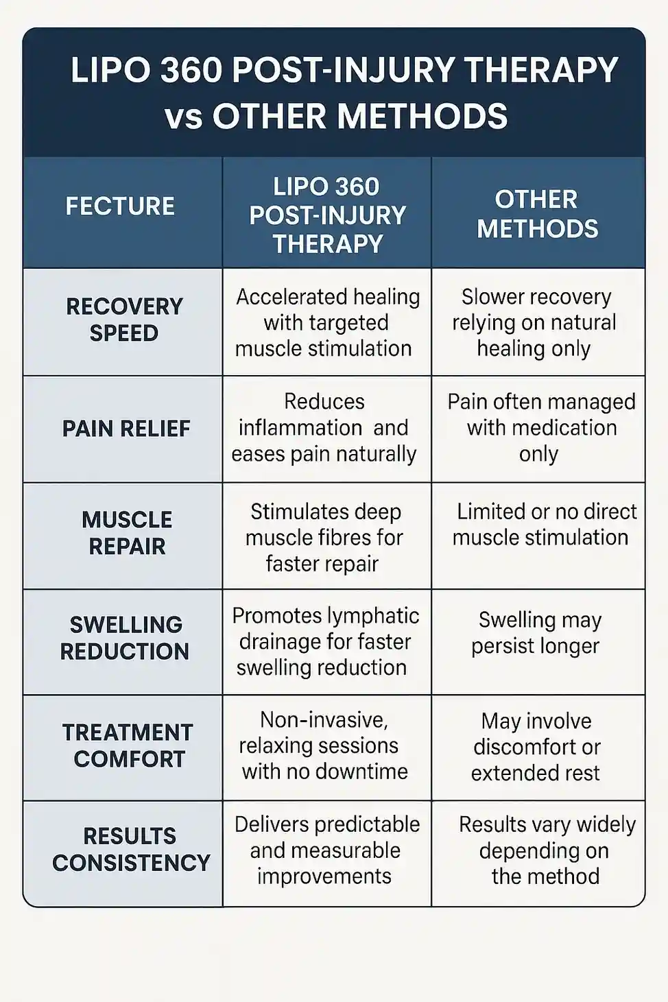 Comparison of Lipo 360 Andover 	 Post-Injury Therapy vs Other Methods